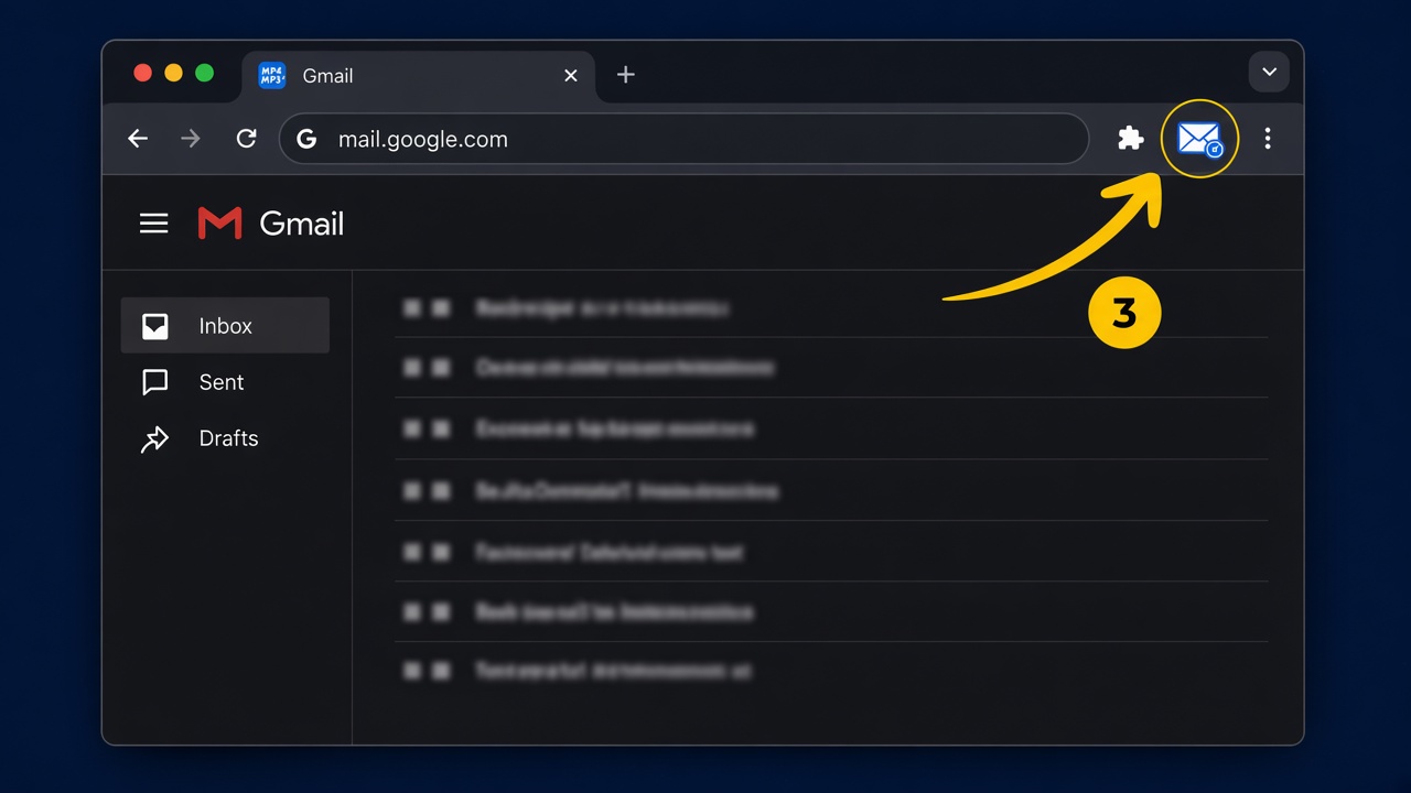 Gmail in Chrome with the Email Tracking icon pinned in the toolbar. Click it for settings and History.